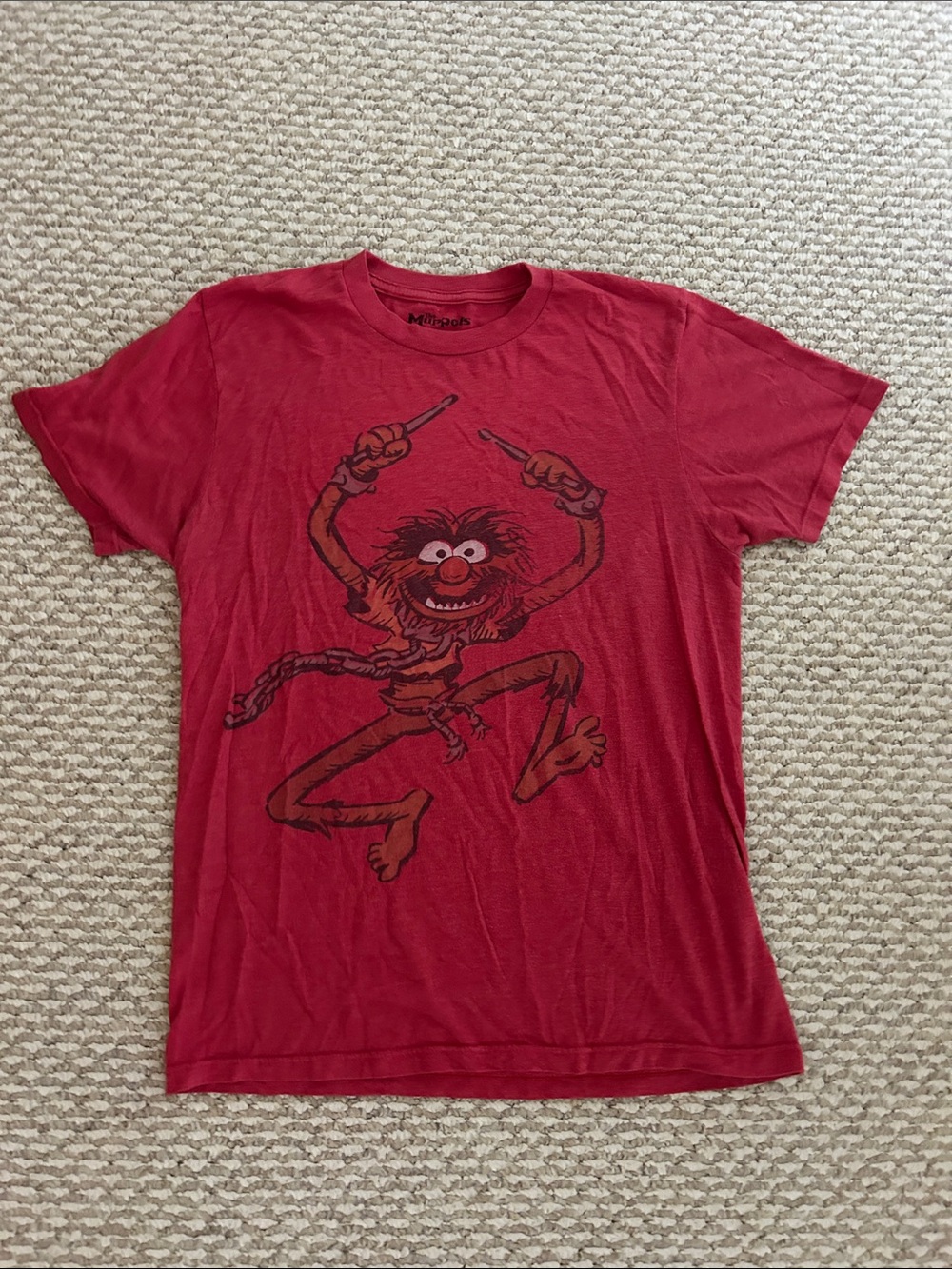 Red Short Sleeve Graphic Tee with Animal Drummer Design